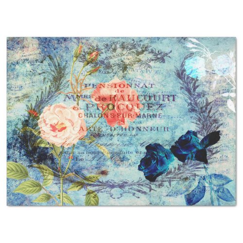 Vintage French Roses Blue Decoupage Tissue Paper