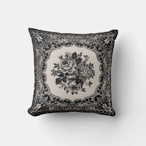 Vintage French Roses Damask _ Black Creme pillow