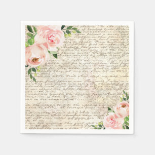 Vintage French Roses Pink Floral Old Letter Napkins