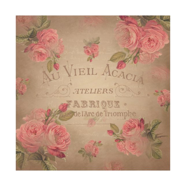 Vintage french roses shabby chic wood Wall Art (Front)