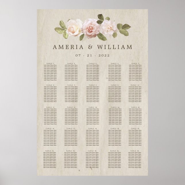 Vintage French Roses Wedding XL Seating Chart (Front)
