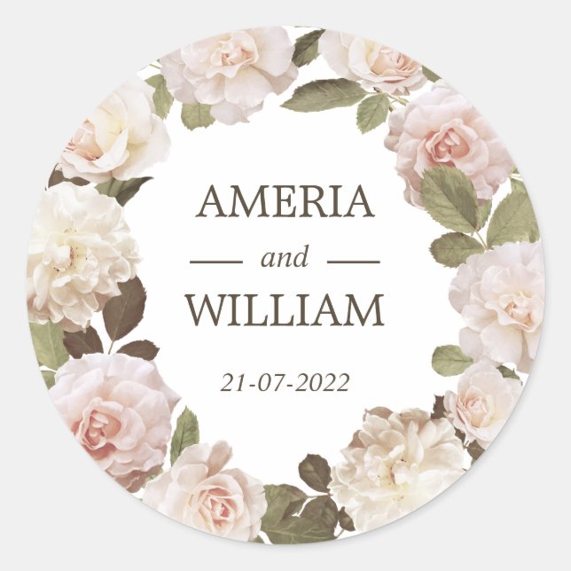 Vintage French Roses Wreath Wedding Favor Sticker (Front)