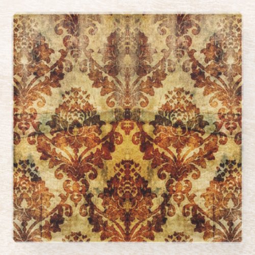 Vintage French Rustic Autumn Fall  Brown Damask Glass Coaster