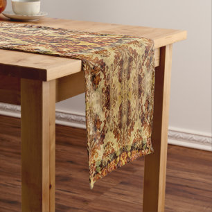 Vintage French Rustic Autumn Fall Brown Damask Short Table Runner