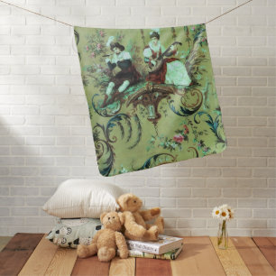 Vintage French Sage Green Toile Victorian Floral Baby Blanket