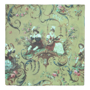 Vintage French Sage Green Toile Victorian Floral Duvet Cover