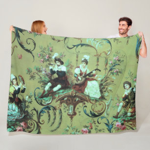 Vintage French Sage Green Toile Victorian Floral Fleece Blanket