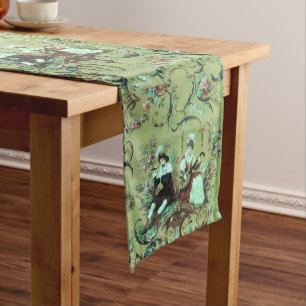 Vintage French Sage Green Toile Victorian Floral Long Table Runner