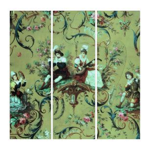 Vintage French Sage Green Toile Victorian Floral Triptych