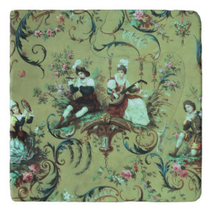 Vintage French Sage Green Toile Victorian Floral Trivet