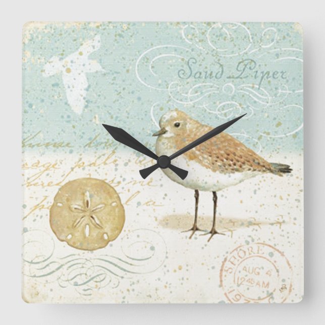 Vintage French Sand Piper Square Wall Clock (Front)