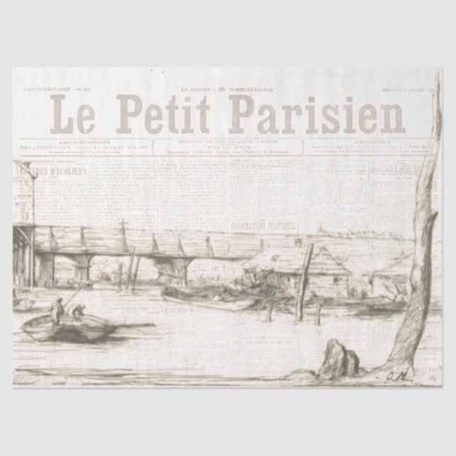 Vintage French Scene Boat Newspaper Decoupage  Tissue Paper (Front)