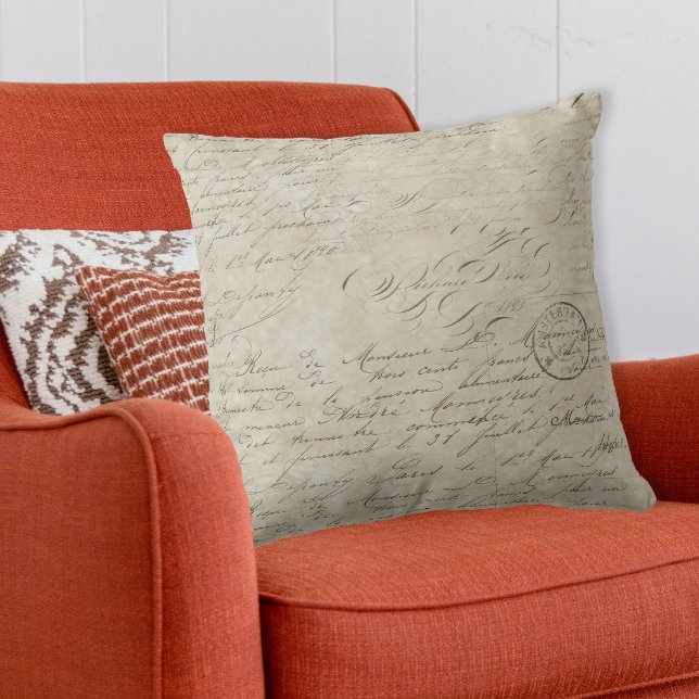 Vintage French Script Handwritten Calligraphy Tan Throw Pillow (Creator Uploaded)