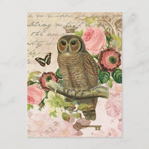 Vintage French shabby chic owl postcard