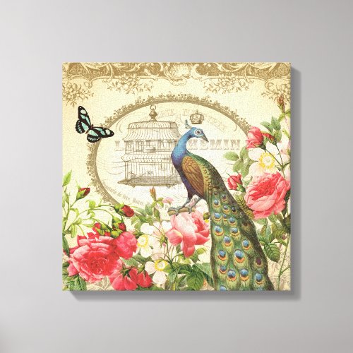 Vintage French Shabby Chic Peacock Canvas Print