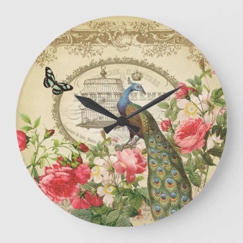 Vintage French Shabby Chic Peacock Large Clock