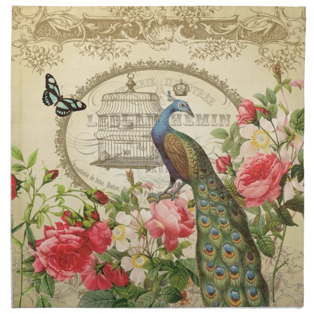 Vintage French Shabby Chic Peacock Napkin (Front)
