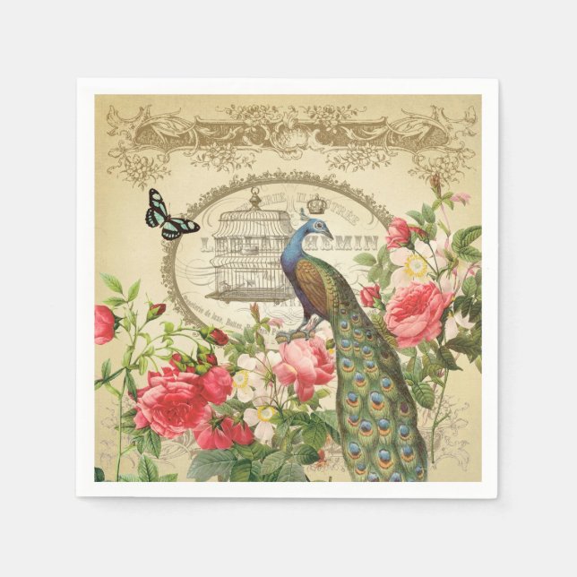 Vintage French Shabby Chic Peacock Paper Napkins (Front)