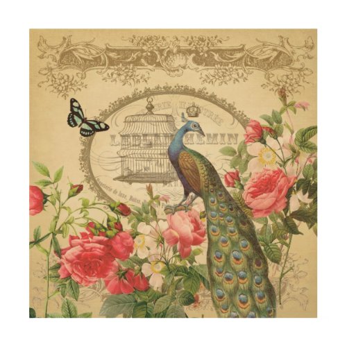 Vintage French Shabby Chic Peacock Wood Wall Art