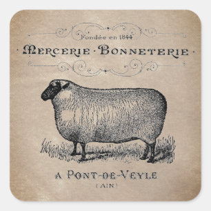 Vintage French Sheep Aged Muslin Farmhouse Rustic Square Sticker
