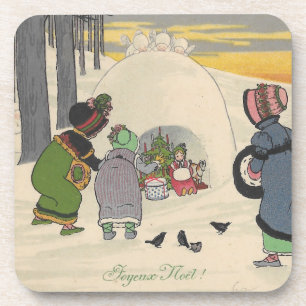 Vintage French Snow Girls Christmas Joyeux Noel Beverage Coaster