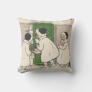 Vintage French Snow Girls Christmas Throw Pillow