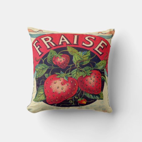 Vintage French Strawberry Sign Throw Pillow