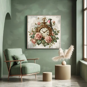 Vintage french style shabby chic Clock Roses Bird Poster