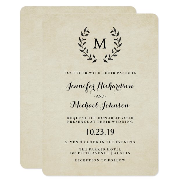 Vintage French Style Wreath And Monogram Wedding Invitation