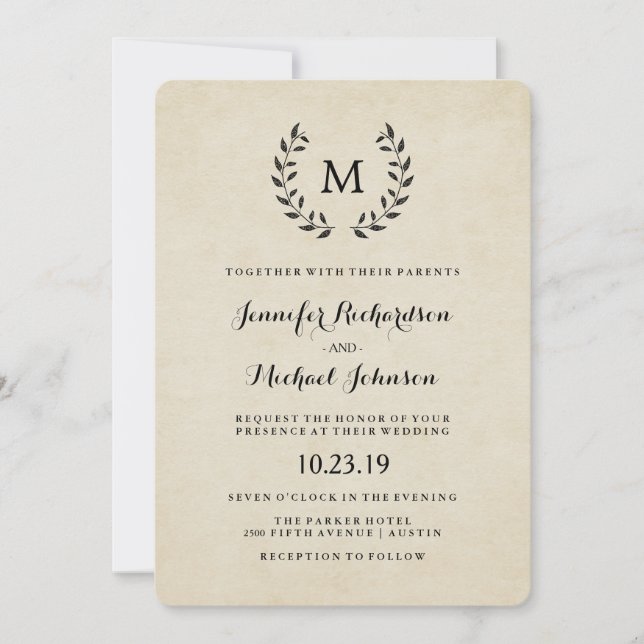 Vintage French Style Wreath and Monogram Wedding Invitation (Front)