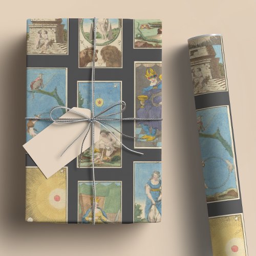 Vintage French Tarot Cards Charcoal Background Wrapping Paper Sheets