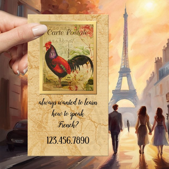 Vintage French Teacher and Tutor Business Card (Vintage business card featuring a French postcard with a rooster - French language teacher - France)