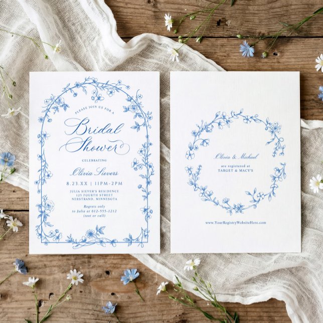 Vintage French Toile Blue Floral Bridal Shower Invitation (Elegant blue and white bridal shower invitation with vintage French toile and calligraphy script)