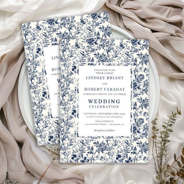 Vintage French Toile Blue Romantic Wedding Invite (Vintage French Toile Blue Romantic Wedding Invitation)