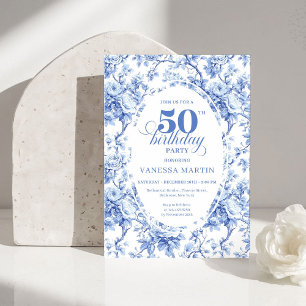 Vintage French Toile Blue Rose 50th Birthday Invit Invitation