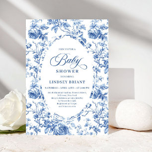 Vintage French Toile Blue Rose Baby Shower Invite