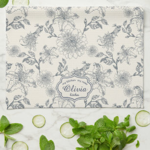 Vintage French Toile Botanical Bird Personalized Kitchen Towel