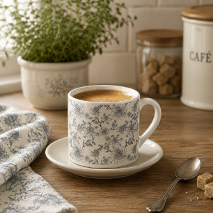 Vintage French Toile Botanical Bird Rustic Country Espresso Cup