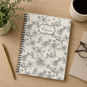 Vintage French Toile Botanical Bird Rustic Country Notebook