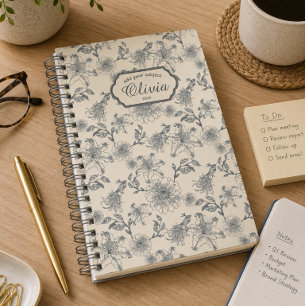 Vintage French Toile Botanical Bird Rustic Country Notebook