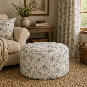 Vintage French Toile Botanical Bird Rustic Country Pouf