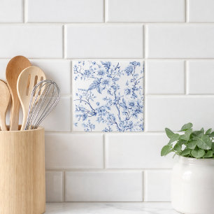 Vintage French Toile Floral Blue Ceramic Tile