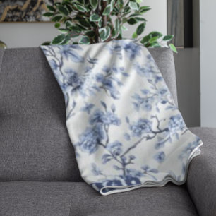 Vintage French Toile Floral Blue Fleece Blanket