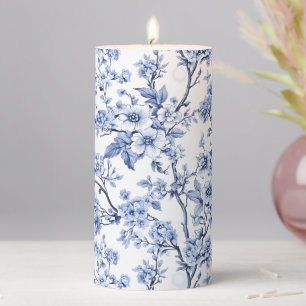 Vintage French Toile Floral Blue Pillar Candle