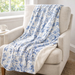 Vintage French Toile Floral Blue Sherpa Blanket
