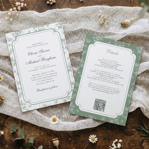 Vintage French Toile Floral Sage Green Wedding Invitation