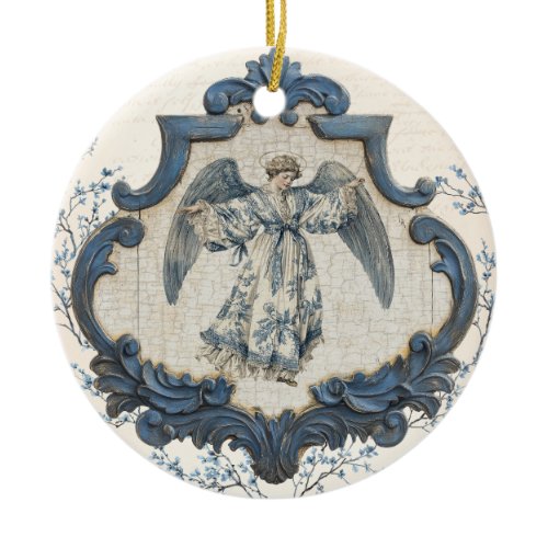 Vintage French Toile Nativity | Christmas Angel Ceramic Ornament