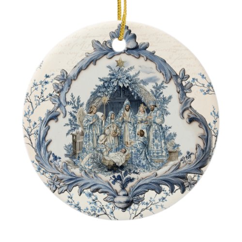 Vintage French Toile Nativity | Christmas  Ceramic Ornament