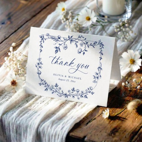Vintage French Toile Navy Blue Photo Wedding Thank You Card