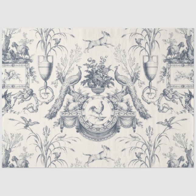 Vintage French Toile Peacock and Country Farm Blue Tissue Paper (Front)